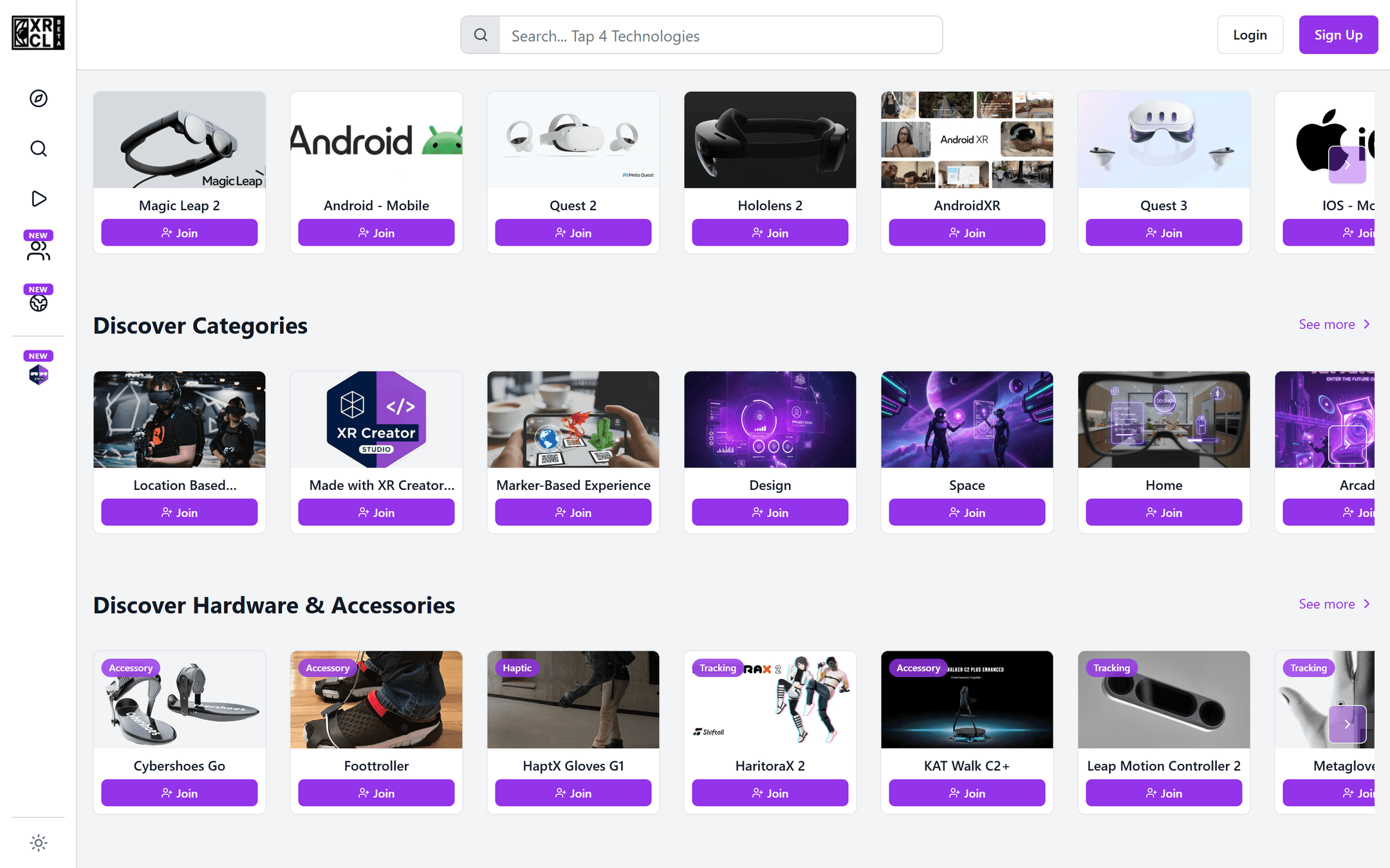 Discover rows on XR Community Library showing XR experiences, platforms, and categories